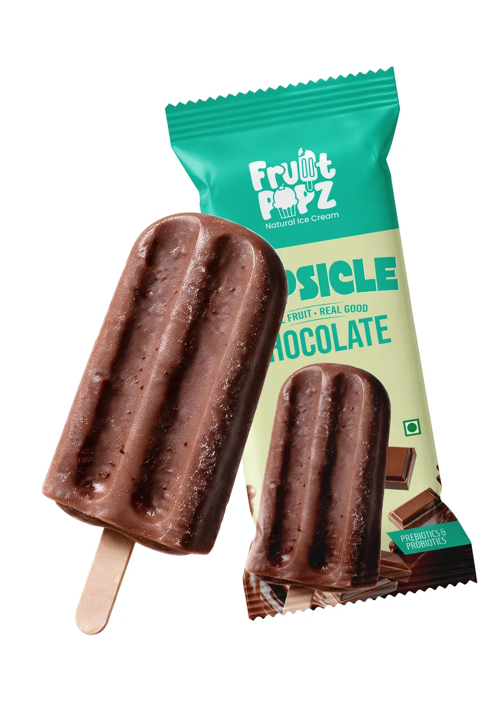 A chocolate Fruitpopz popsicle in front of its aqua and cream wrapper.