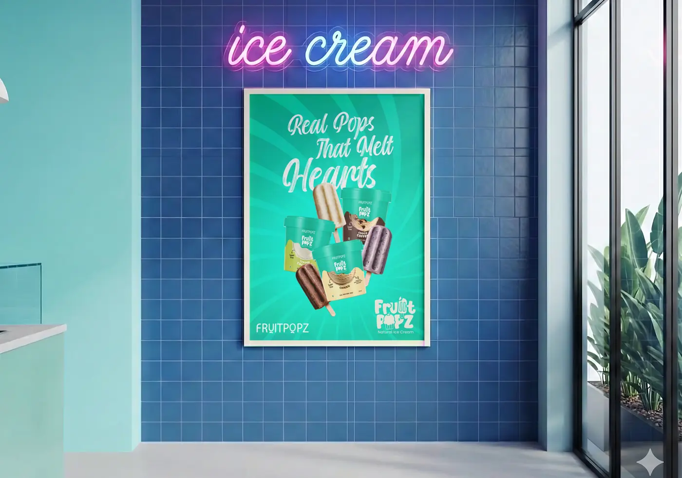 A Fruitpopz poster reading Real Pops That Melt Hearts under a pink neon ice cream sign on a blue tiled wall.